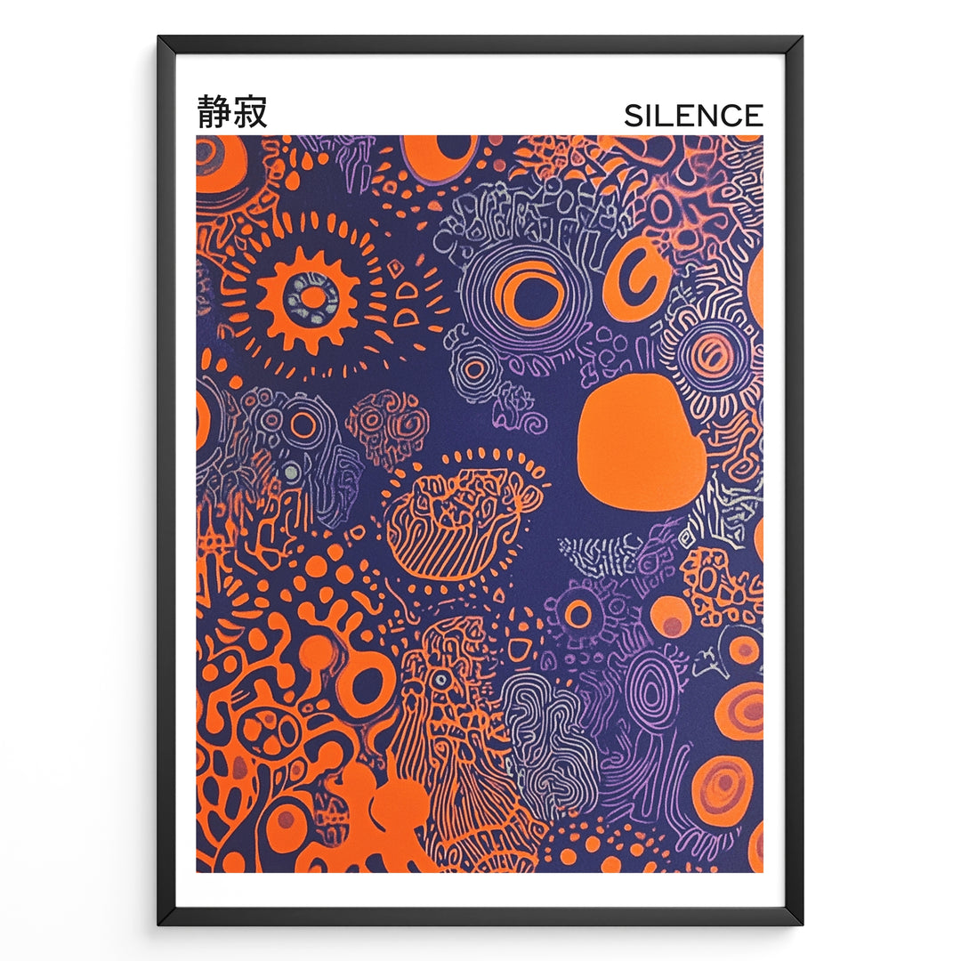 Abstract poster with orange shapes and purple line patterns on a dark blue background, titled “Silence” with Japanese text, framed in black.