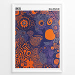 Indlæs billede til gallerivisning Abstract poster with orange shapes and purple line patterns on a dark blue background, titled “Silence” with Japanese text, framed in black.
