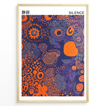 Indlæs billede til gallerivisning Abstract poster with orange shapes and purple line patterns on a dark blue background, titled “Silence” with Japanese text, framed in black.
