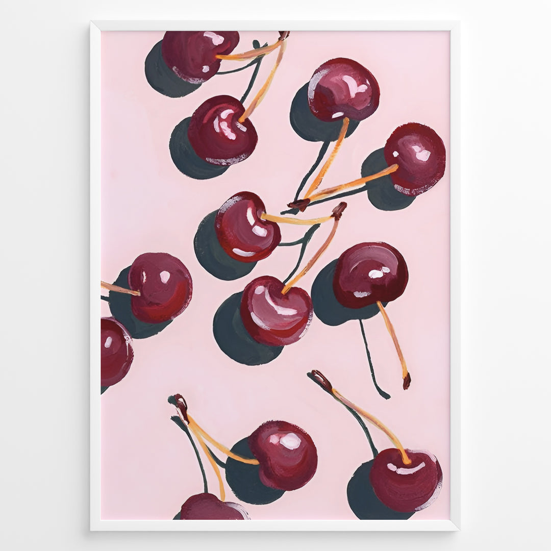 Cherry art print plakat with hand-painted red cherries and stems on a pink background in a white frame.