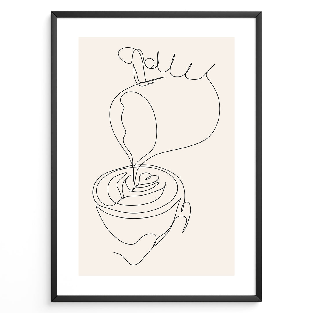Minimalist coffee line art poster showing a hand pouring milk into a coffee cup to create latte art.