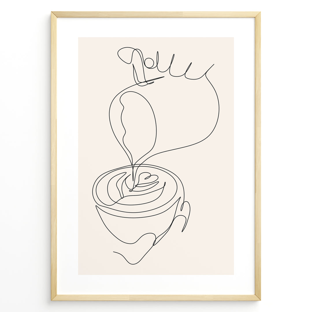 Minimalist coffee line art poster showing a hand pouring milk into a coffee cup to create latte art.