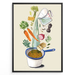 Indlæs billede til gallerivisning Whimsical vegetable soup illustration plakat showing ingredients like carrots, herbs, and garlic being poured into a cooking pot.
