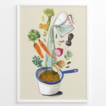 Indlæs billede til gallerivisning Whimsical vegetable soup illustration plakat showing ingredients like carrots, herbs, and garlic being poured into a cooking pot.
