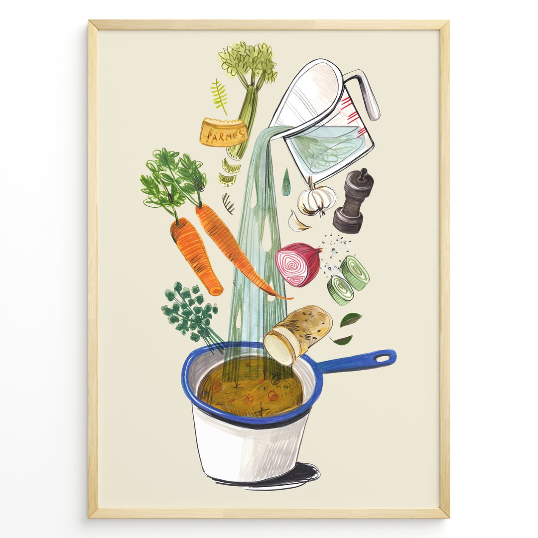 Whimsical vegetable soup illustration plakat showing ingredients like carrots, herbs, and garlic being poured into a cooking pot.