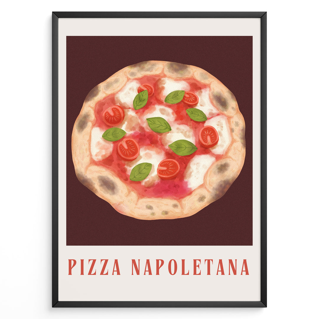 Italian Pizza Napoletana art print plakat with tomatoes, basil, and cheese on a dark red background framed in black.