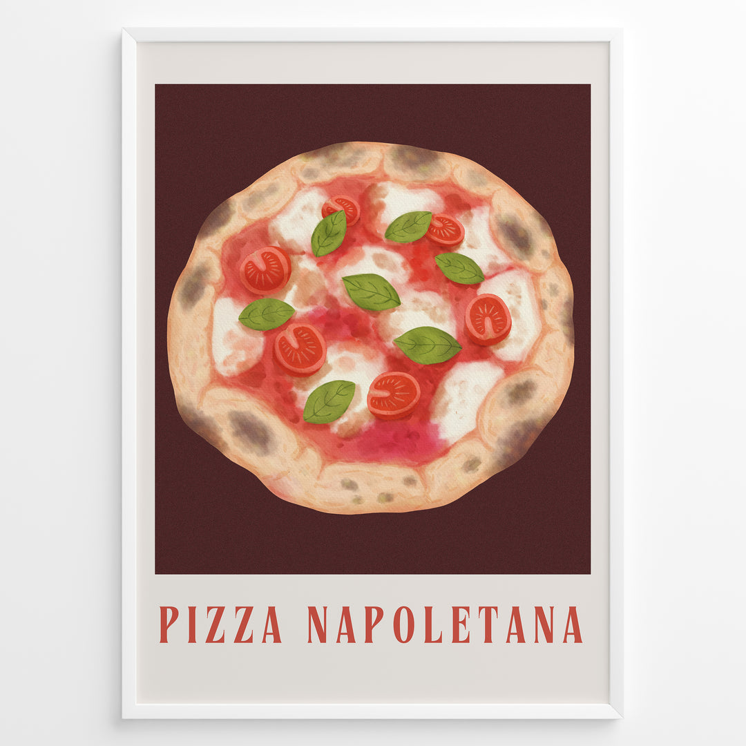 Italian Pizza Napoletana art print plakat with tomatoes, basil, and cheese on a dark red background framed in black.