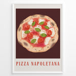 Indlæs billede til gallerivisning Italian Pizza Napoletana art print plakat with tomatoes, basil, and cheese on a dark red background framed in black.
