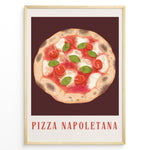 Indlæs billede til gallerivisning Italian Pizza Napoletana art print plakat with tomatoes, basil, and cheese on a dark red background framed in black.
