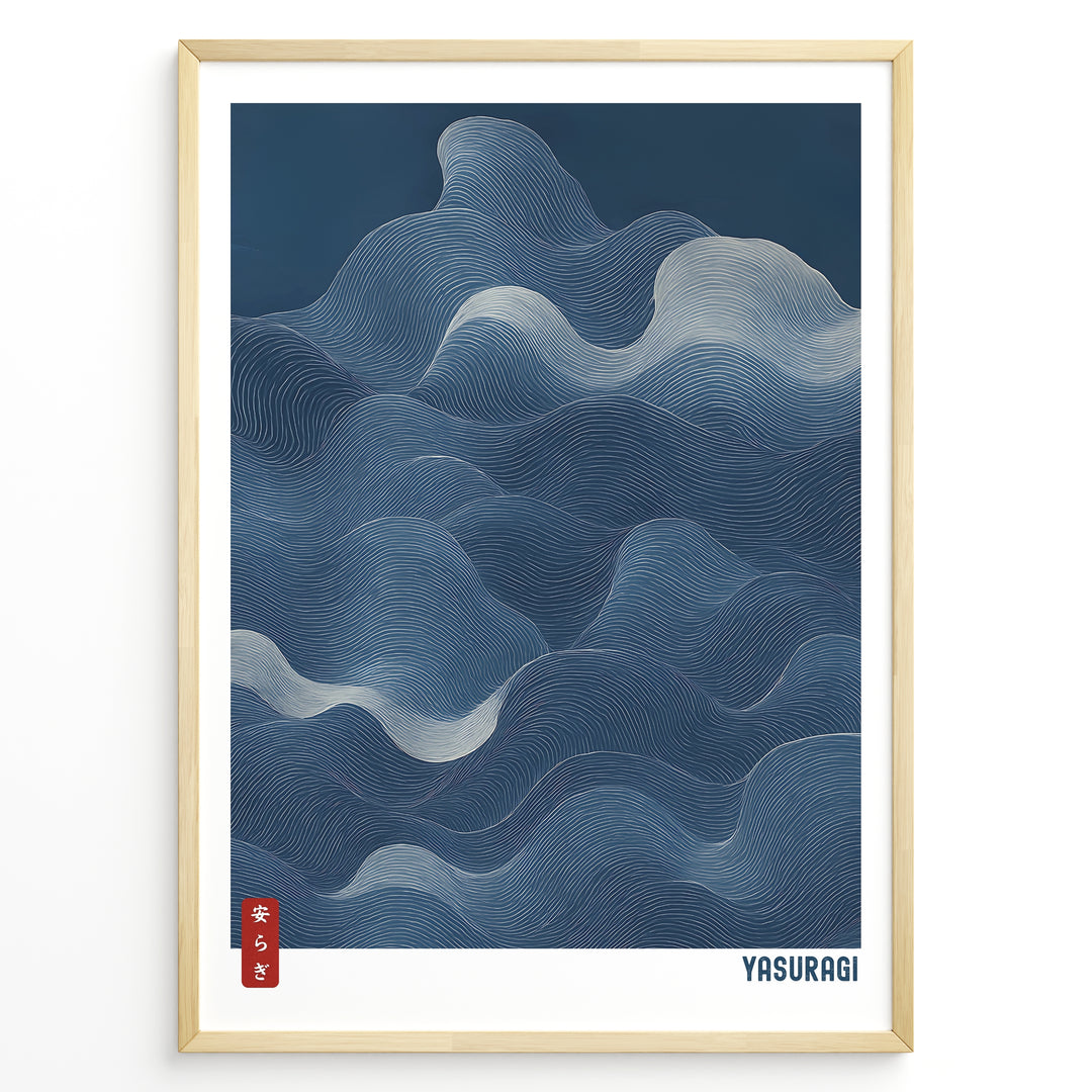 Japanese abstract wave line art in deep blue tones with “Yasuragi” text in a minimalist framed poster.