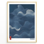 Indlæs billede til gallerivisning Japanese abstract wave line art in deep blue tones with “Yasuragi” text in a minimalist framed poster.
