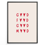 Indlæs billede til gallerivisning Minimalist wall art print plakat with the red quote “Good Food Good Mood” in heart-shaped typography framed in black on beige background.
