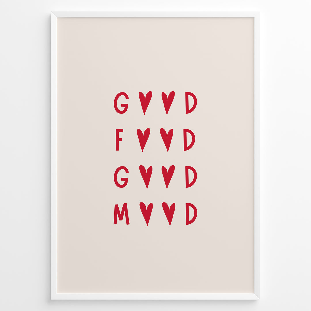 Minimalist wall art print plakat with the red quote “Good Food Good Mood” in heart-shaped typography framed in black on beige background.