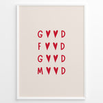 Indlæs billede til gallerivisning Minimalist wall art print plakat with the red quote “Good Food Good Mood” in heart-shaped typography framed in black on beige background.
