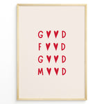 Indlæs billede til gallerivisning Minimalist wall art print plakat with the red quote “Good Food Good Mood” in heart-shaped typography framed in black on beige background.
