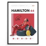 Indlæs billede til gallerivisning Framed Hamilton 44 Scuderia Ferrari F1 poster showing the driver in a red suit leaning on tires, holding a yellow helmet, with signature and career stats.
