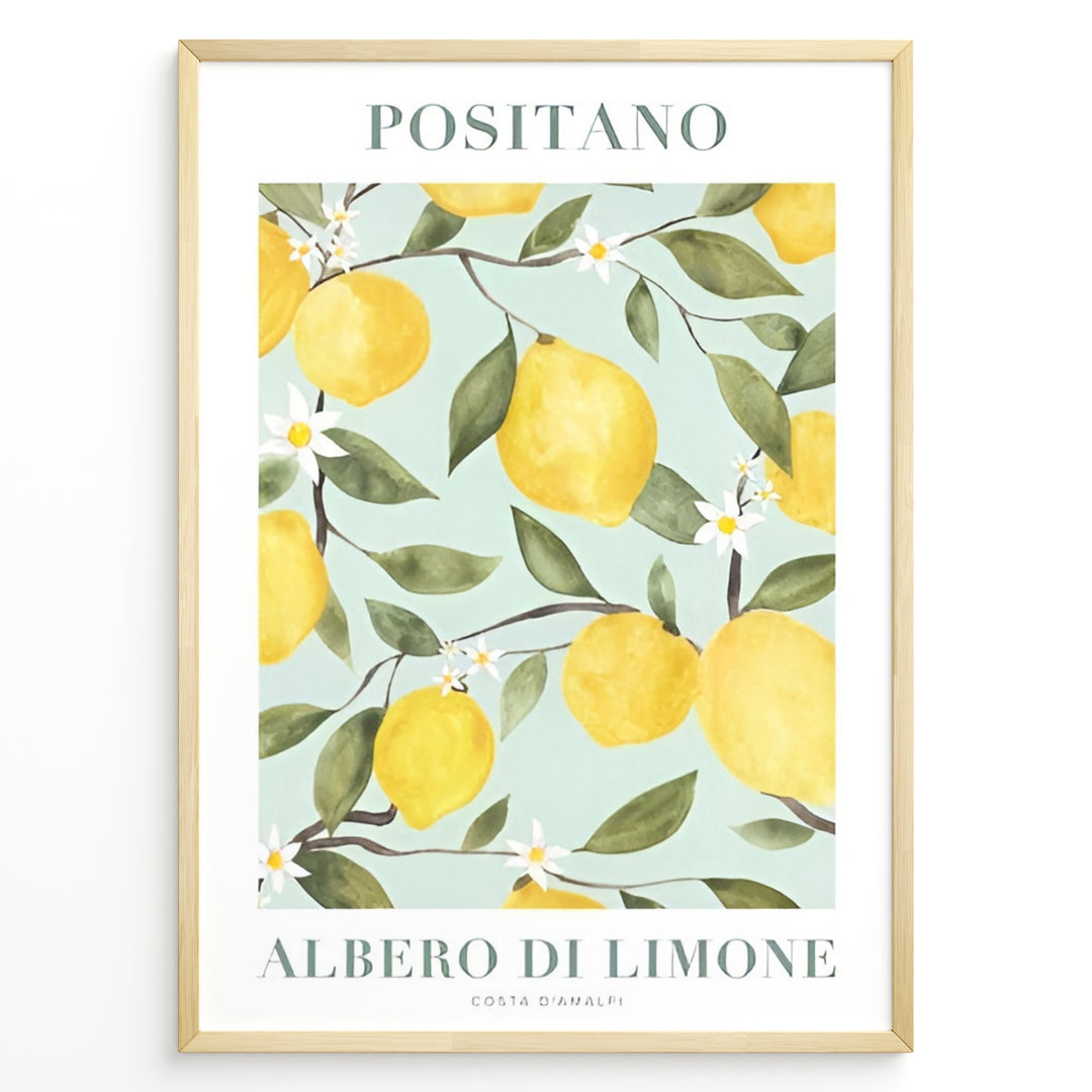 Positano lemon tree poster with yellow lemons, green leaves, and white flowers on a light blue background in a golden frame.