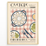 Indlæs billede til gallerivisning Vintage French oysters poster with illustrated oyster platter, lemon slices, and cutlery on a pink checkered background in a golden frame.
