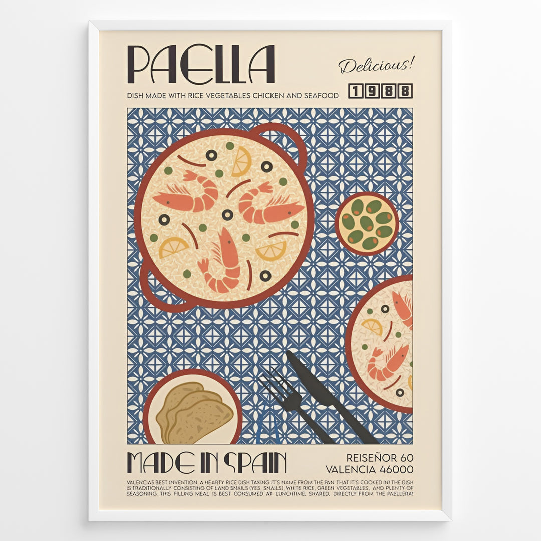 Vintage Spanish paella poster with illustrated pan of rice, prawns, and lemon slices on a blue patterned background in a white frame.