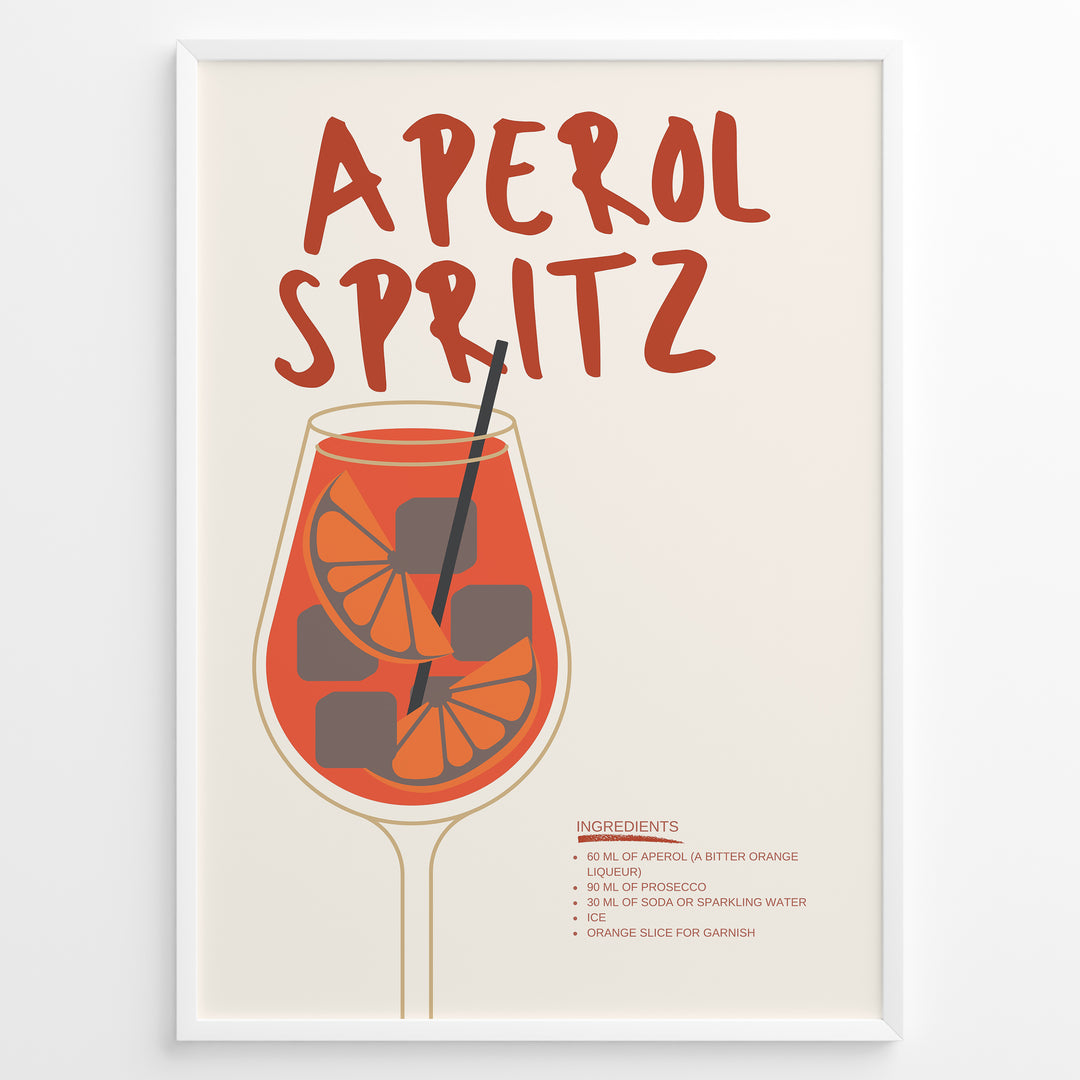 Aperol Spritz cocktail poster with illustrated orange drink, ice cubes, and straw on a cream background in a white frame.