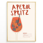 Indlæs billede til gallerivisning Aperol Spritz cocktail poster with illustrated orange drink, ice cubes, and straw on a cream background in a golden frame.
