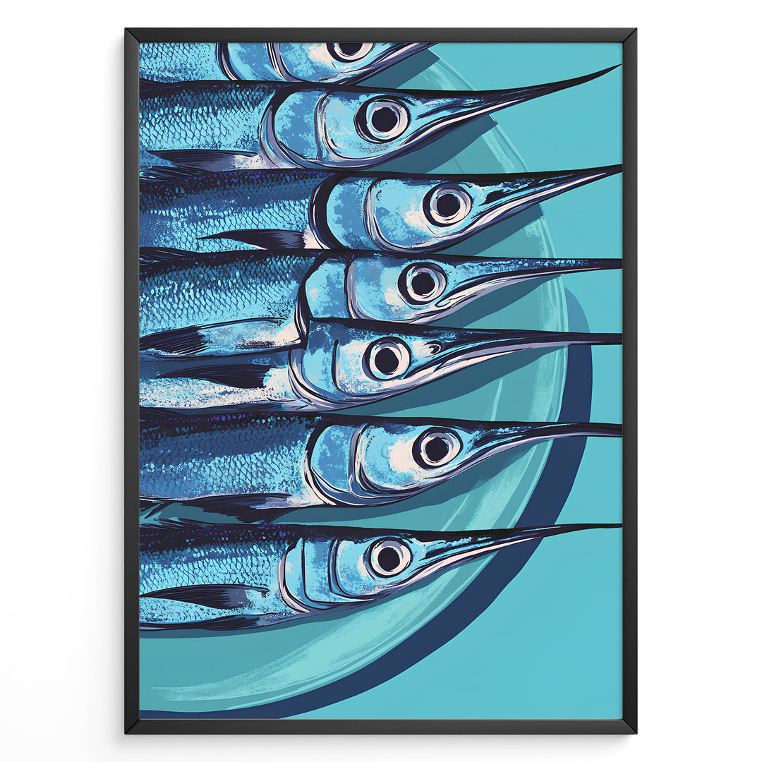 Modern blue fish art print plakat showing aligned fish with long snouts on a turquoise background framed in black.