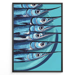 Indlæs billede til gallerivisning Modern blue fish art print plakat showing aligned fish with long snouts on a turquoise background framed in black.
