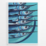 Indlæs billede til gallerivisning Modern blue fish art print plakat showing aligned fish with long snouts on a turquoise background framed in black.
