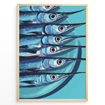 Indlæs billede til gallerivisning Modern blue fish art print plakat showing aligned fish with long snouts on a turquoise background framed in black.
