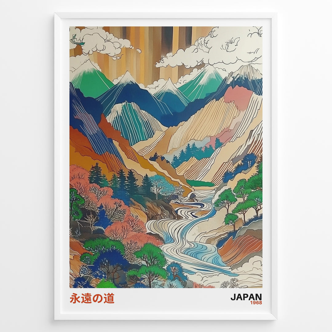 Vintage-style Japanese mountain landscape illustration with rivers, trees, and colorful layered peaks in a framed poster.