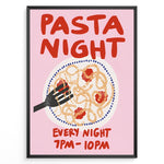 Indlæs billede til gallerivisning Pasta Night poster with a hand holding a fork in a plate of spaghetti and tomato sauce on a pink background.
