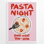 Indlæs billede til gallerivisning Pasta Night poster with a hand holding a fork in a plate of spaghetti and tomato sauce on a pink background.
