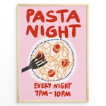Indlæs billede til gallerivisning Pasta Night poster with a hand holding a fork in a plate of spaghetti and tomato sauce on a pink background.
