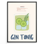 Indlæs billede til gallerivisning Gin Tonic cocktail poster with illustrated glass containing cucumber slices, ice cubes, and herbs on a cream background in a black frame.
