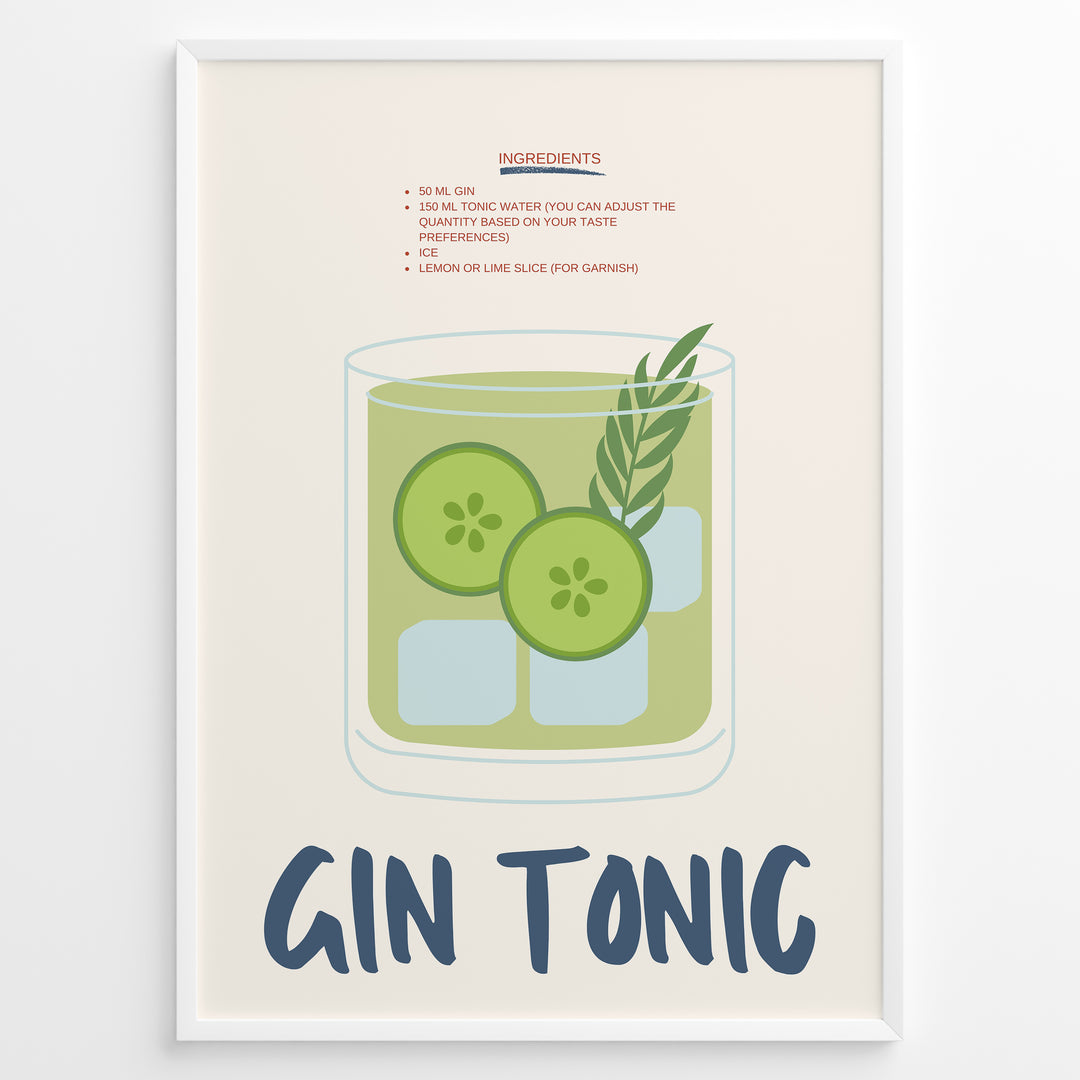 Gin Tonic cocktail poster with illustrated glass containing cucumber slices, ice cubes, and herbs on a cream background in a white frame.