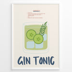 Indlæs billede til gallerivisning Gin Tonic cocktail poster with illustrated glass containing cucumber slices, ice cubes, and herbs on a cream background in a white frame.
