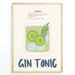 Indlæs billede til gallerivisning Gin Tonic cocktail poster with illustrated glass containing cucumber slices, ice cubes, and herbs on a cream background in a golden frame.
