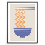 Indlæs billede til gallerivisning Minimalist ramen poster with orange noodles hanging from blue chopsticks into a blue bowl on a beige background in a black frame.
