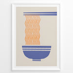 Indlæs billede til gallerivisning Minimalist ramen poster with orange noodles hanging from blue chopsticks into a blue bowl on a beige background in a white frame.
