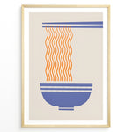 Indlæs billede til gallerivisning Minimalist ramen poster with orange noodles hanging from blue chopsticks into a blue bowl on a beige background in a golden frame.
