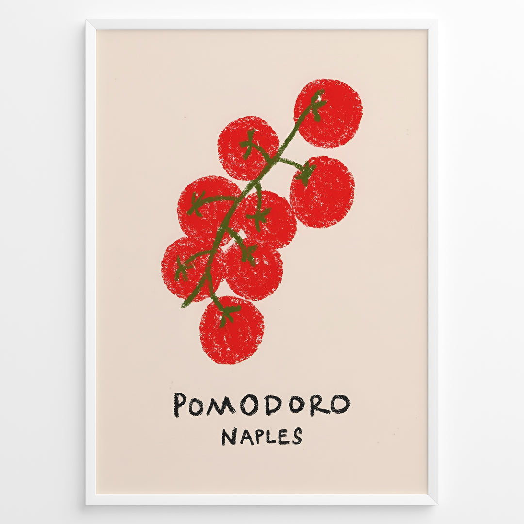 Pomodoro Naples poster with hand-drawn red tomatoes on a green vine and text below on a cream background in a white frame.