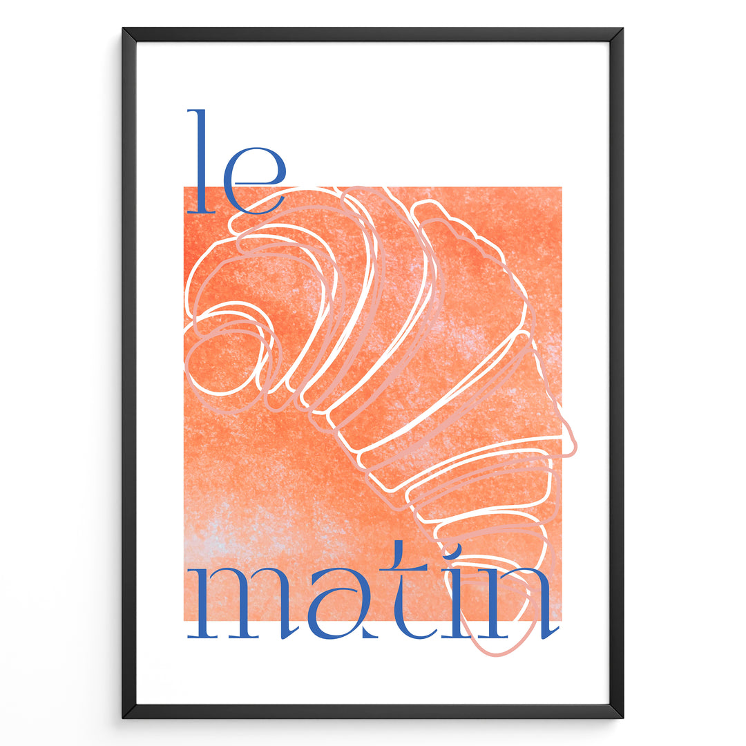 Le Matin poster with minimalist croissant illustration in orange and blue text on a white background in a black frame.