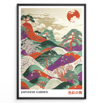 Indlæs billede til gallerivisning Colorful Japanese garden landscape illustration with hills, trees, blossoms, and a stylized sun in a framed poster.
