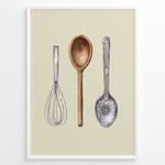 Indlæs billede til gallerivisning Watercolor kitchen utensils poster featuring a whisk, wooden spoon, and slotted metal ladle on a beige background in a white frame.
