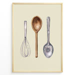 Indlæs billede til gallerivisning Watercolor kitchen utensils poster featuring a whisk, wooden spoon, and slotted metal ladle on a beige background in a golden frame.
