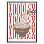 Indlæs billede til gallerivisning Modern noodles poster with illustrated noodle bowl and chopsticks over bold red “NOODLES” text background in a black frame.
