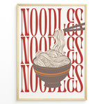 Indlæs billede til gallerivisning Modern noodles poster with illustrated noodle bowl and chopsticks over bold red “NOODLES” text background in a golden frame.
