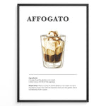 Indlæs billede til gallerivisning Illustrated affogato recipe poster showing a glass of espresso over gelato with ingredients and instructions.
