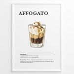 Indlæs billede til gallerivisning Illustrated affogato recipe poster showing a glass of espresso over gelato with ingredients and instructions.

