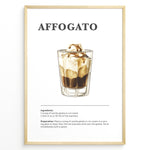 Indlæs billede til gallerivisning Illustrated affogato recipe poster showing a glass of espresso over gelato with ingredients and instructions.

